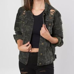 Camouflage Distressed Jean Jacket
